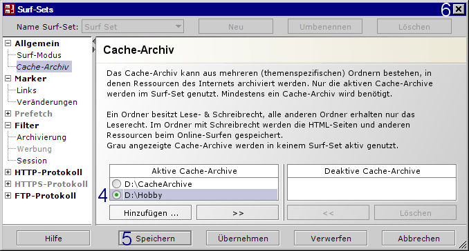 MM3-WebAssistant - Proxy Offline Browser: Dialog: Surf-Set / Aktive Cache-Archive MM3-WebAssistant - Proxy Offline Browser: Dialog: Surf-Set / Aktive Cache-Archive