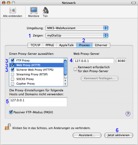 Mac OS X: Netzwerk / myDialUp / Proxies