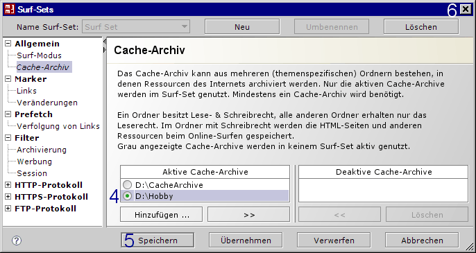MM3-WebAssistant - Proxy Offline Browser: Dialog: Surf-Set / Aktive Cache-Archive